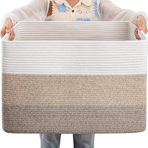 OIAHOMY 108L Large Cotton Rope Basket, Rectangle Woven Baskets for Storage, Nursery Blanket Storage Living Room, Toy Basket With Handle-25x16x16-Gradient Yellow