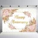 MEHOFOND Boho Happy Anniversary Backdrop Bohemia Pampas Grass Engagement Banner Couple Love Cheers to 1 10 Years 50th Wedding Birthday Party Decorations Blush Pink Floral Photography Background 7x5ft