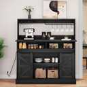 YITAHOME Buffet Cabinets with Upper Rack, Farmhouse Coffee Bar Cabinet with Power Outlet & Goblet Holder, 47 Inch Sideboard Cabinets with Sliding Barn Door for Kitchen, Living Room (Black Oak)