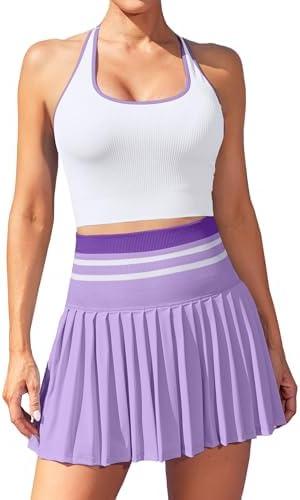 ATTRACO 1 Piece Tennis Dresses for Women High Waisted Pleated Skirt Sets Seamless Colorblock Golf Outfits L