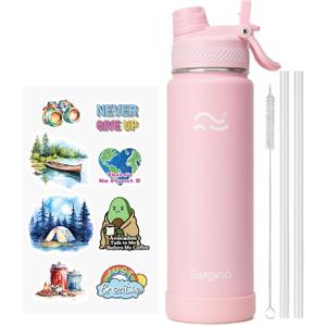 [2-IN-1 LID] Insulated Water Bottle with Silicone Boot (36hrs Cold/18hrs Hot) - DIY Stickers, Leakproof, BPA Free, 24 oz (Pink)