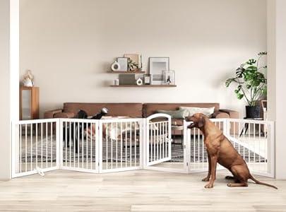 JSB 144-inch Extra Wide 30-inch Tall Dog gate with Door Walk Through, Freestanding Pet Gate for Halls, Stairs & Home, Pet Puppy Safety Dog Fence with 2PCS Support Feet 