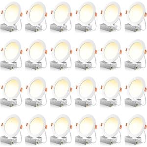 FREELICHT 24 Pack 6 Inch 5CCT Ultra-Thin LED Recessed Ceiling Light with Junction Box, 2700K/3000K/3500K/4000K/5000K Selectable, 1050LM Brightness, Dimmable Canless Wafer Downlight, 12WEqv110W-ETL&FCC