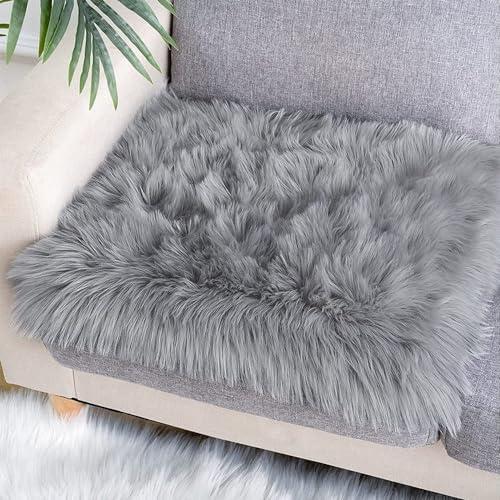 Faux Fur Sheepskin Square Chair Cover Seat Cushion Pad, Luxurious Wool Area Rugs Fluffy Floor Mat for Living Sofa, Photographing Background Office Home Decor Carpet (1.3 x 1.3 feet, Grey)