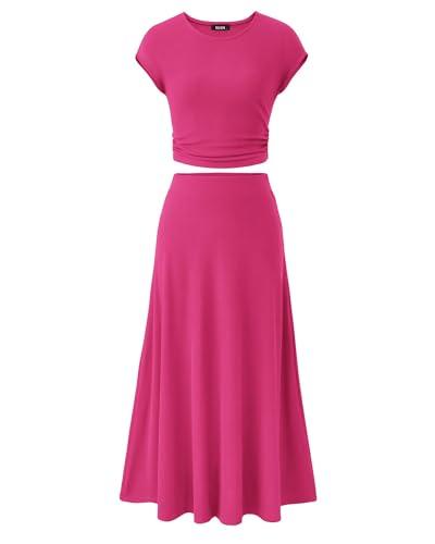 BTFBM Summer Outfits For Women 2026 Two Piece Sets Casual Crew Neck Short Sleeve Cropped Spring Tops Midi Skirt Lounge Set(Rose Red, X-Large)