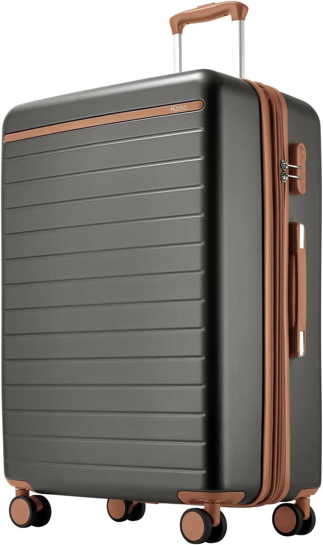 Kono 28 Inch Large Suitcase, Expandable for Long Trips, Impact-Resistant ABS+PC & Silent Wheels, Grey, Checked-large 28-Inch
