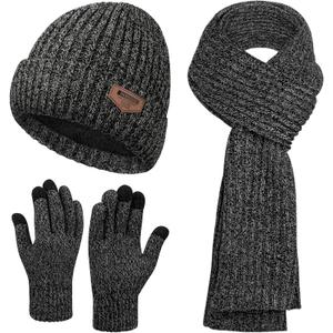 Mens Hat and Gloves Set, Warm Beanie Knit Long Scarf Fleece Lined Winter Hats Touchscreen Gloves for Men (Style A-grey Black)