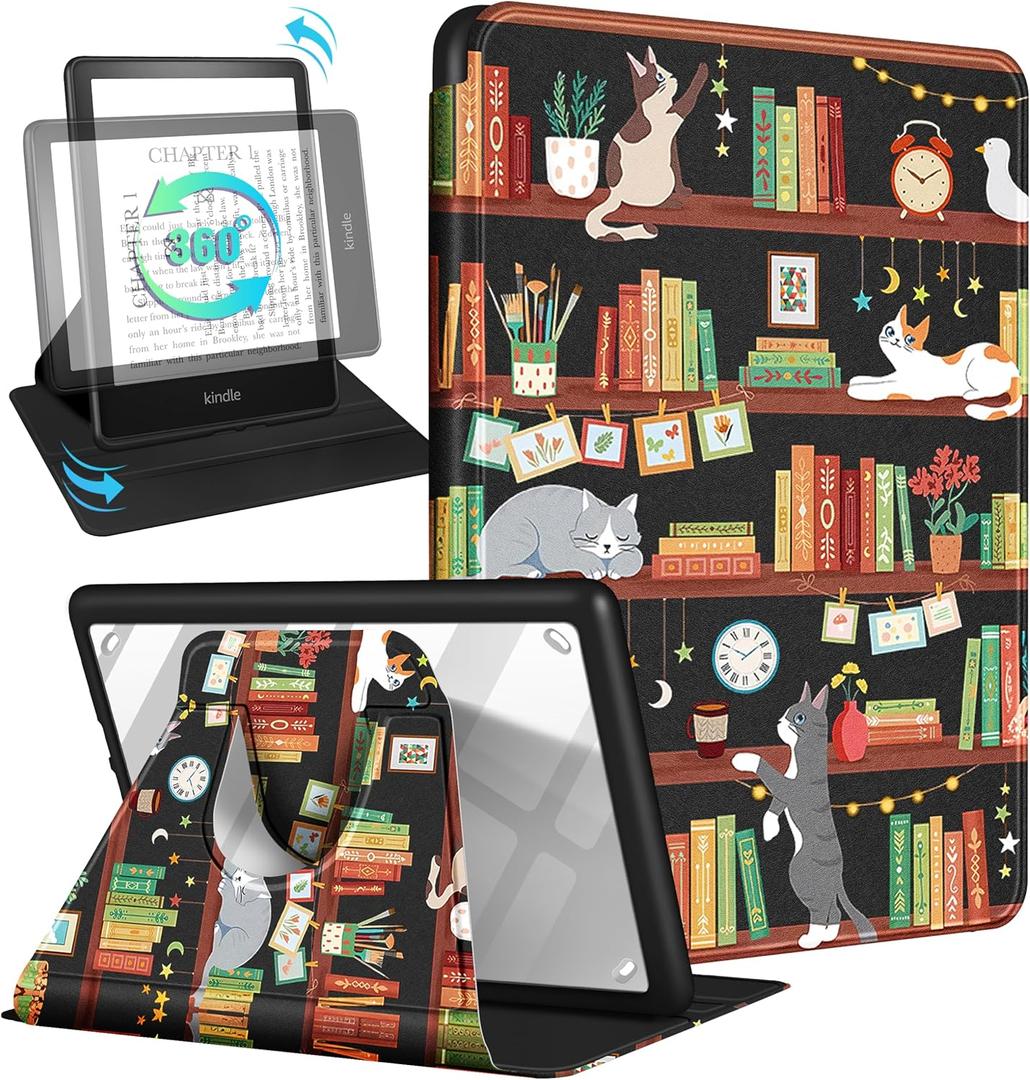 Kidcube for Kindle Paperwhite 11th Generation Case 6.8 Inch 2021/Paperwhite Signature Edition Case Women Girls Kids Boys Cute Cat Library Design Rotating Stand Cartoon Folio Cover with Auto Wake/Sleep