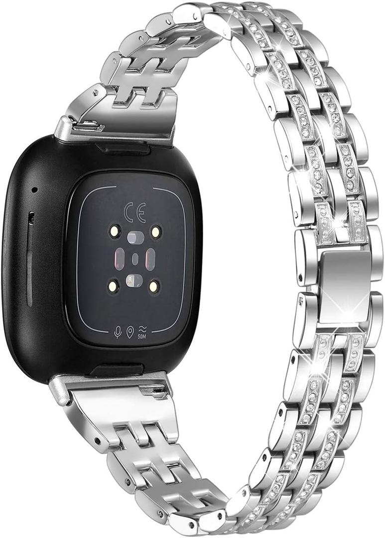 Bling Bands Compatible with Fitbit Versa 4/Sense 2/Versa 3/Sense, Women Dressy Slim Bracelet Metal Replacement Wristbands