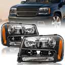 For [Full Length Grill Bar Type] 2002-2009 Chevy Trailblazer Headlights Assembly Pair Set Replacement Front Lamps Driver & Passenger Side NOT FIT 06-09 LT Type (Black Housing & Amber Reflector)