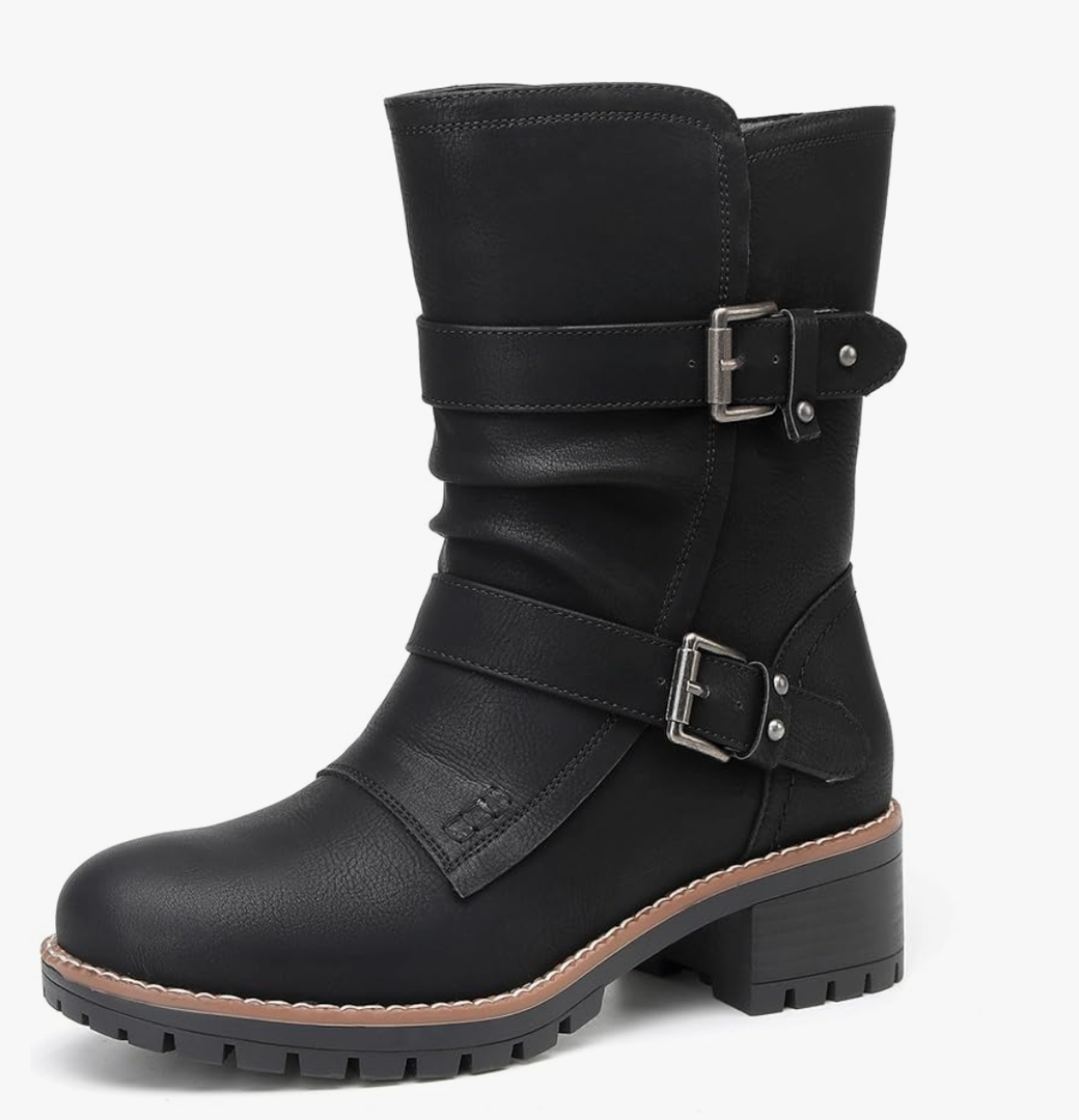 DECARSDZ Women's Motorcycle Boots Mid Calf PU Leather Biker Boots - Stylish Women's Black Brown Riding Boots for Motorcycle, Combat, and Festival. Black. Size 6