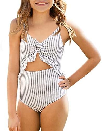 Saodimallsu Girls One Piece Cutout Ruffle Swimsuits Kids Floral High Waisted Tie Front Bathing Suits 150