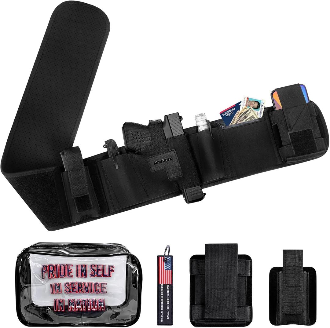 WarBull Belly Band Holster for Men Women, Concealed Carry Holster with Zip Pocket and Removable Pouches, Breathable Neoprene Gun Holster Fits for Glock Ruger S&W M&P Most Pistols and Revolvers
