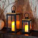 TRIROCKS Set of 2 Decorative Candle Lantern 16'' & 11'' High Metal Candle Holder Hanging Lantern Perfect for Home Decor Patio Living Room Parties Events Tabletop Indoors Outdoors (Black)