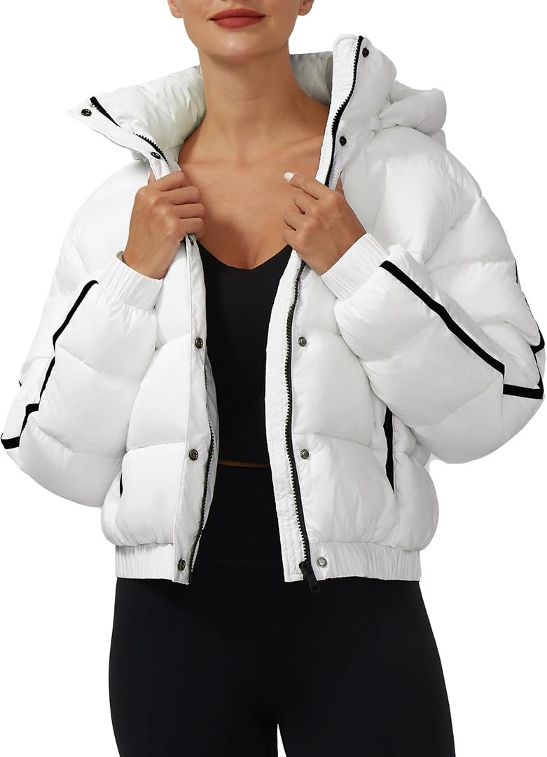 Pioneer Camp Women's Winter Cropped Puffer Jacket with Hood Waterproof Short Warm Quilted Jacket Puffy Bubble Coat Outerwear (Medium, White)