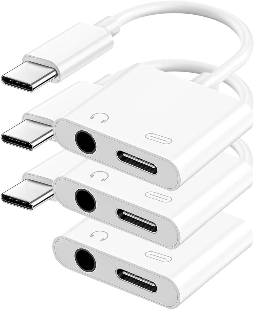 USB C to 3.5mm Headphone and Charger Adapter, Type C to Aux Jack Dongle Cable Cord with PD Fast Charging for iPhone 15/16/17 Pro/Max/Plus, iPad, Samsung Galaxy S23/S24 Ultra, Note 20 (3-Pack) (White)