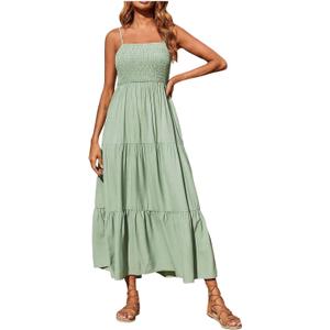 Women's Summer Dresses Smocked Tiered Long Beach Sun Dresses Skirt Casual Bohemian Thin Dress Dresses, Small