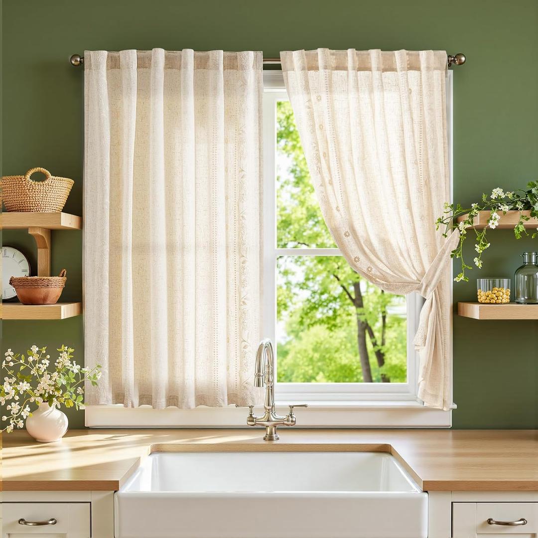jinchan Winslow Linen Curtains 45 Inch Length Small Window Curtains Embroidered Bordered Floral Drapes Light Filtering for Bathroom Laundry Room Kitchen Farmhouse Decor White on Beige 2 Panels