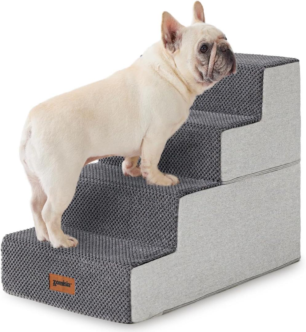 Dog Stairs for Small Dogs - Pet Stairs 2 in 1 with Zippers Suitable for Couch and Bed, 35D Foam Dog Steps with Non Slip Bottom Grey 4 Steps, Grey