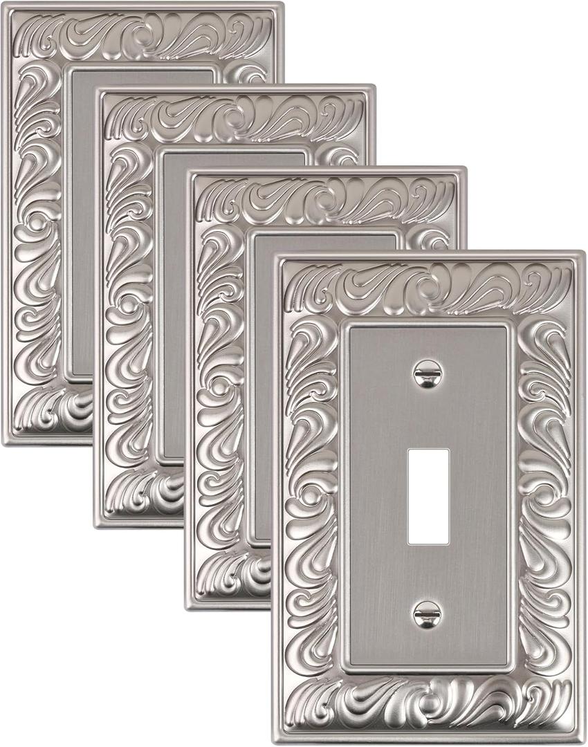 4-Pack Single Toggle Light Switch Cover Plate, Paisley Pattern Decorative Switch Plate Covers, Satin Nickel 1 Gang Metal Wall Plate, Corrosion Resistant