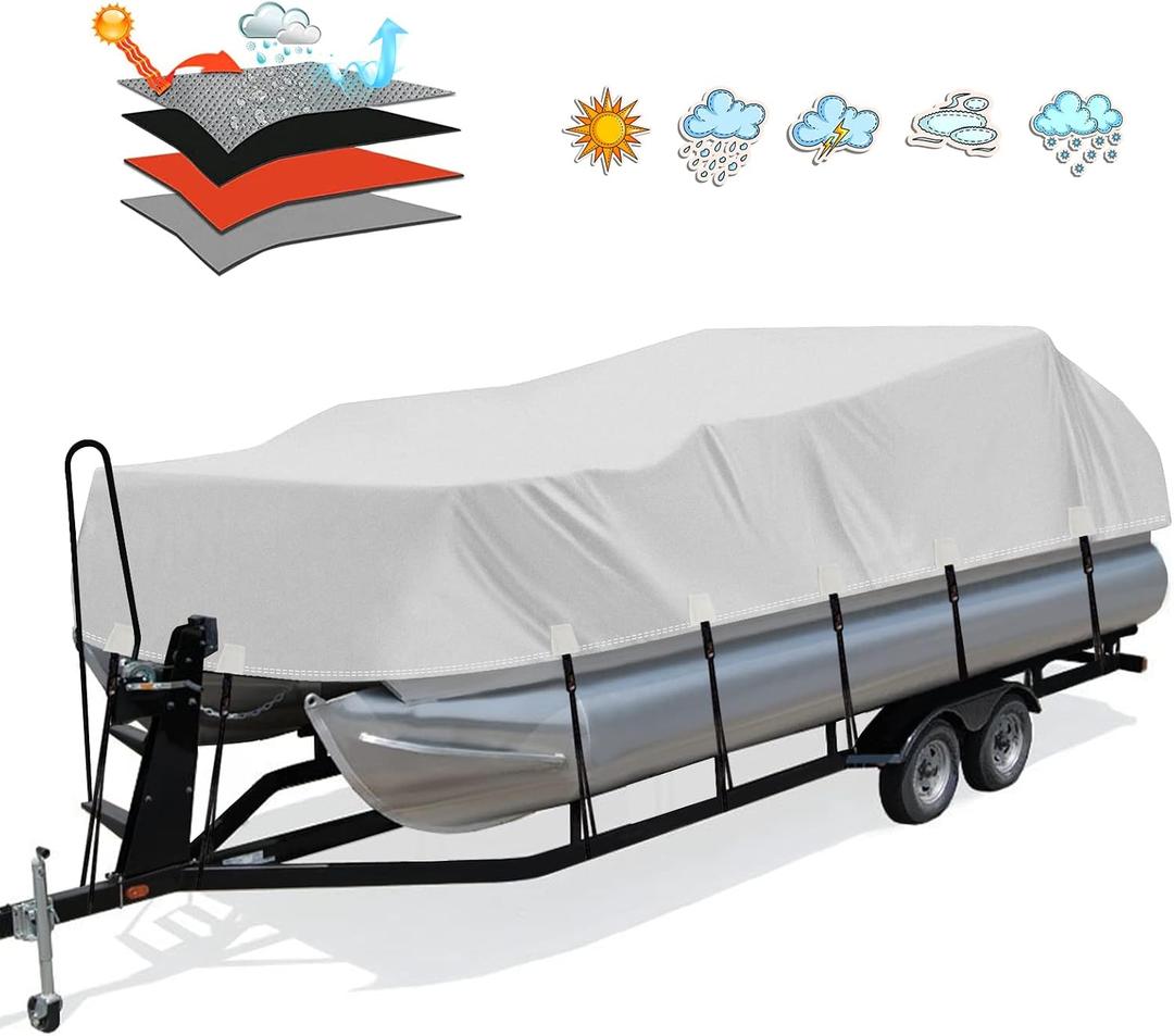 Solim Trailerable 1200D PU Heavy Duty Pontoon Boat Cover, 22-24ft Waterproof Marine Grade Oxford UV Resistant Polyester Canvas Cover, Boat Cover for Pontoon with Adjustable 18 Tie Down Straps, Gray