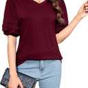Puff Sleeve Tops for Women V Neck T Shirts Summer Business Casual Tops Loose Fit Dressy Casual Blouses (Red, XXL)