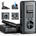 5-in-1 Torch Lighter with Holder, V & Straight Tool, Dual Jet Flame, Gifts for Men, Multifunctional Accessories, Adjustable & Windproof Lighter Set, Refillable Butane Lighter for Travel (Blue Gray)