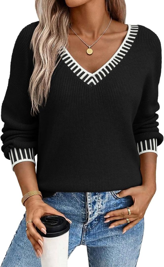 Dokotoo Womens Sweaters Casual V Neck Long Sleeve Contrast Knit Pullover Sweater Solid Fall Outfits Tops (Medium, Black)