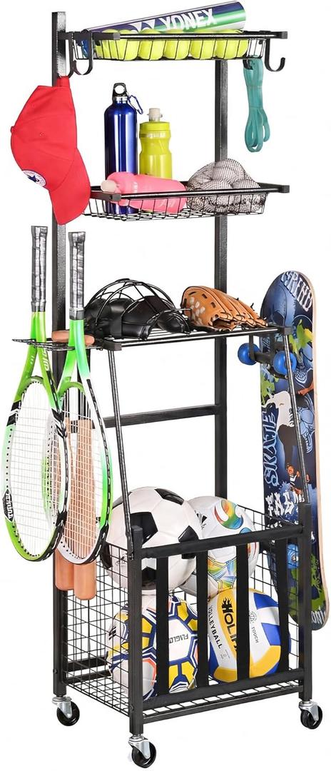 PLKOW Sports Equipment Storage for Garage, Indoor/Outdoor Sports Rack for Garage, Ball Storage Garage Organizer with Basket and Hooks,Toy/Sports Gear Storage (Black, 17.2"L x 12.6"W x 59"H)