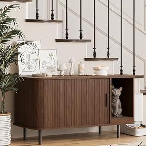 Cat Litter Box Enclosure with Cat Scratch Pad, Sliding Door, 37.4" Litter Box Enclosure Furniture Hidden Litter Box, Modern Indoor Cat House, TV Stand, Side End Table for Living Room, Walnut