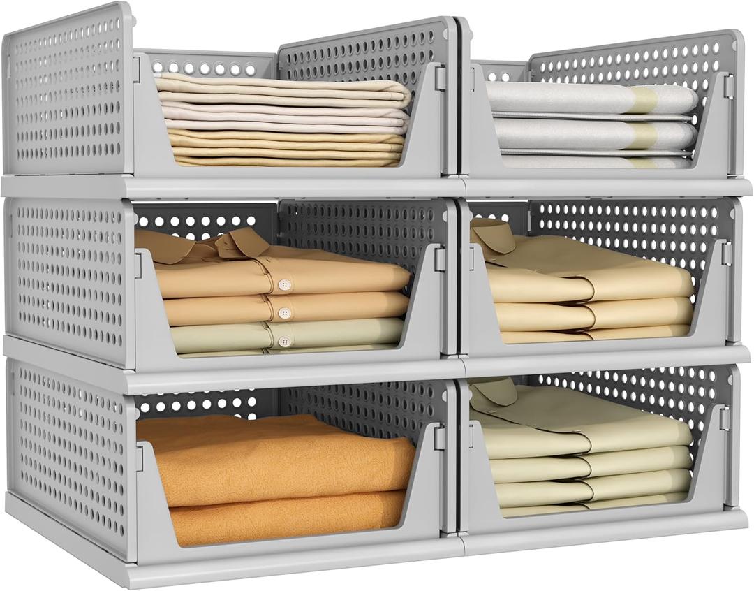 Pinkpum Grey 6 Pack Closet Organizers Storage Bins, Stackable Plastic Drawer Basket for Clothing, Stackable Storage Bins Shelf Storage Container for Closet Wardrobe Bedroom Bathroom Office (Gray)