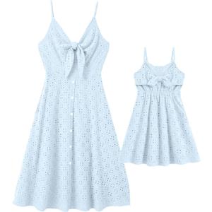 IFFEI Mommy and Me Matching Dresses Womens Eyelet Lace Midi Sundress Sleeveless Summer Dress for Casual Holiday Outfits (8-9 Years, Blue)