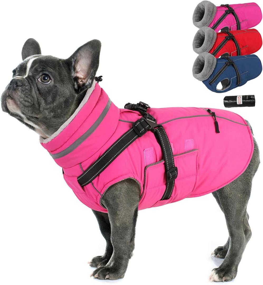 PETDSH Dog Coat Large, Built-in Harness Dog Jacket with Warm Fleece Lining, Waterproof Reflective Dogs Winter Coat, Pet Coats with Pocket and Trash Bags (Pink, Large)