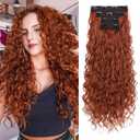 REECHO Curly Clip in Hair Extensions, 4PCS 24 inch Long Hair Extensions Clip ins Lace Weft Natural Hairpieces for Women Daily, Copper Red