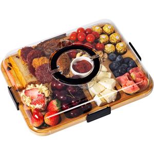 Charcuterie Board with Clear Locking Lid, Portable Travel Cheese Board & Snack Tray with Handle, 6-Compartment Charcuterie Boards, Reversible Cutting Board for Parties, Potlucks, Housewarming Gifts