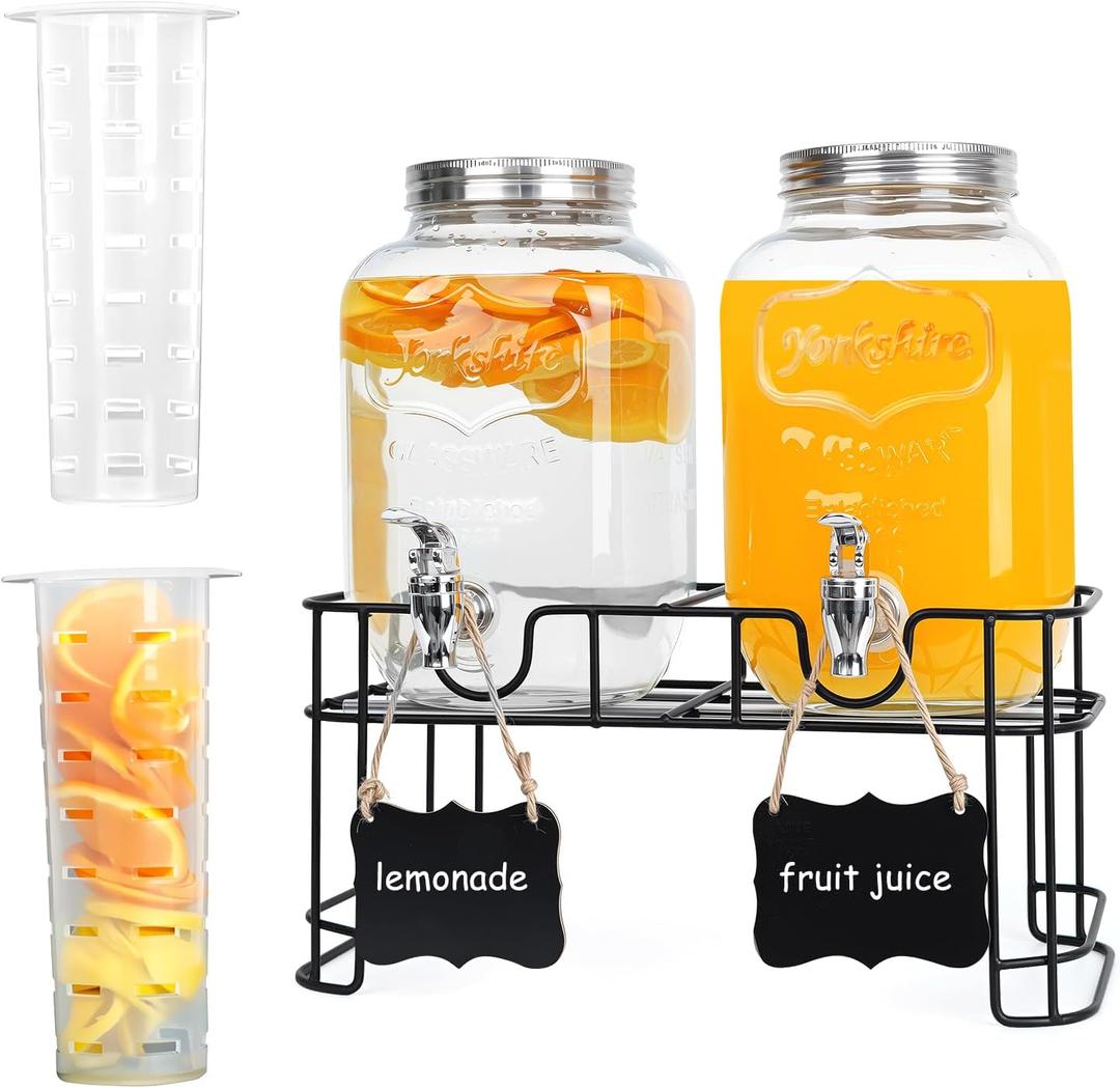 2-Pack 1 Gallon Glass Drink Dispensers for Parties - Leak-Proof Beverage Dispenser with Stand, Spigot, Ice Cylinder & Chalkboard Labels - Perfect for Lemonade, Iced Tea, and Party Drinks