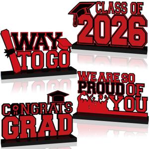 4Pcs 2026 Graduation Decorations Red and Black Wooden Centerpieces for Tables Class of 2026 Table Decorations Congrats GRAD for School Home Graduation Party Tiered Tray Decor Supplies