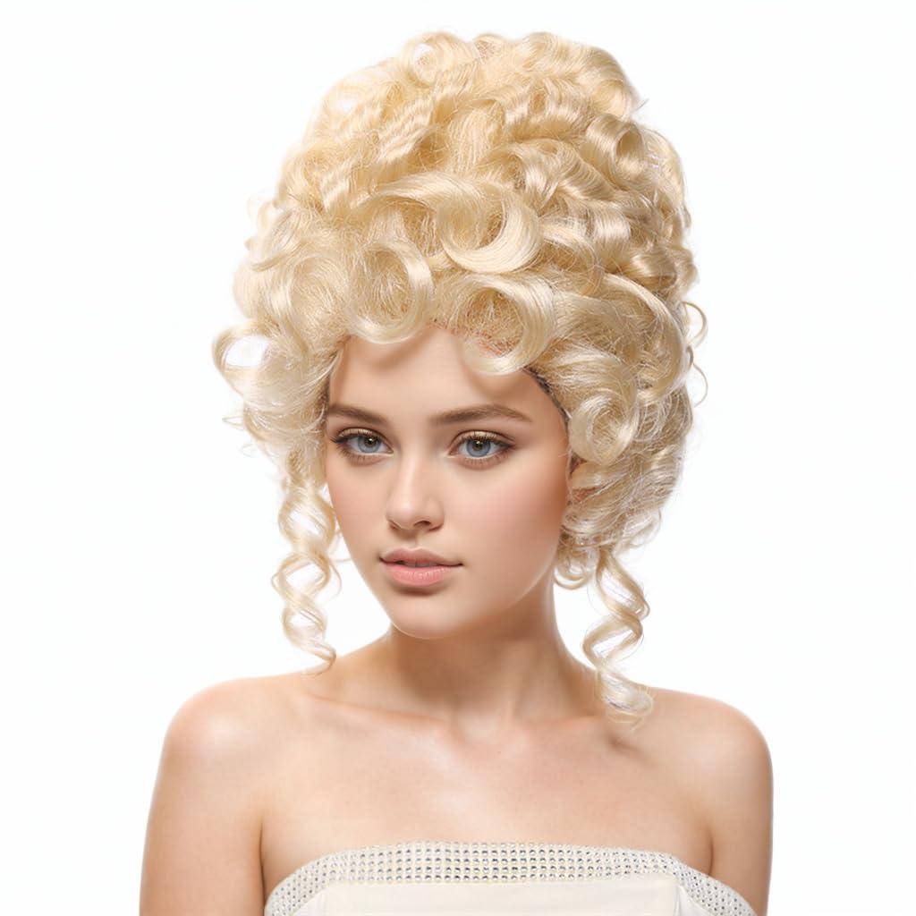 CAMDOM Victorian Vintage Curly Beehive Wig Platinum Blonde Colonial Queen Halloween Cosplay Costume Wig For Women