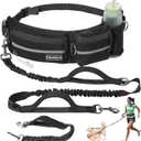 Hands-Free Dog Leash With Pouch, Waist Attachment for Walking Two Dogs, Reflective Stitching, Dual Handle, Bungee Retractable Running for Medium to Large Dogs Black