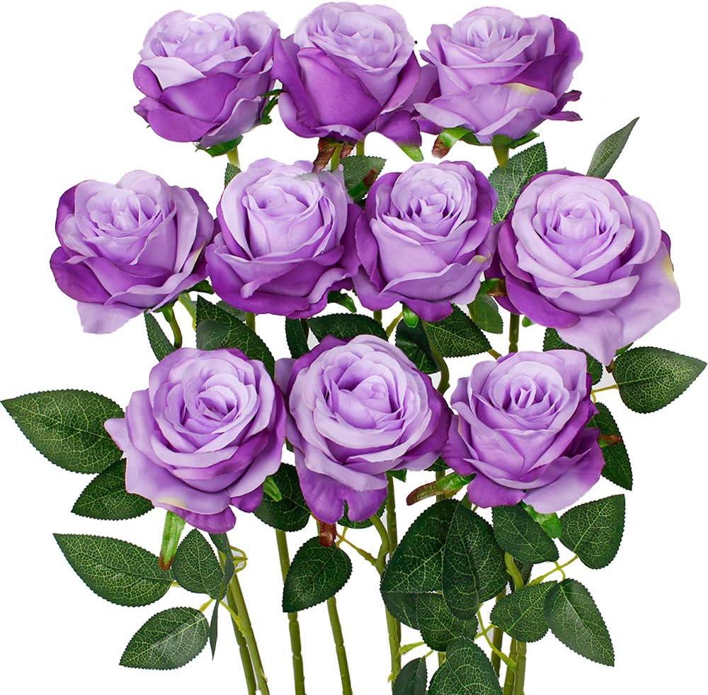 Luyue 10PCS Artificial Roses Flower with Stems Silk Fake Flowers Bouquet Realistic Long Stem Faux Rose for Valentines Day Wedding Home Decor (Light Purple)