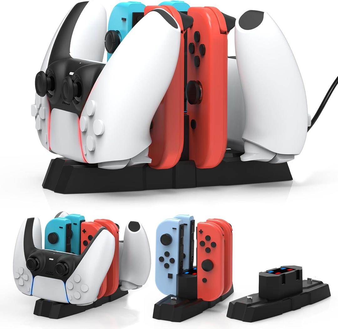 iPLYGAM Controller Charger Dock for Nintendo Switch Pro Controller/JoyCon, Controllers Charging Dock with LED Indicator and Charger Cable for PS5 Controllers, 6 in 1 Gamepad Charging Stand