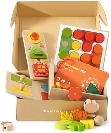 Tiny Land Montessori Toy Set for Babies 18-24 Months Investigator Play Kit- 4-in-1 Wooden Learning Toys with Color Sorting, Lacing Beads, Shape Matching, and Seasons Puzzles