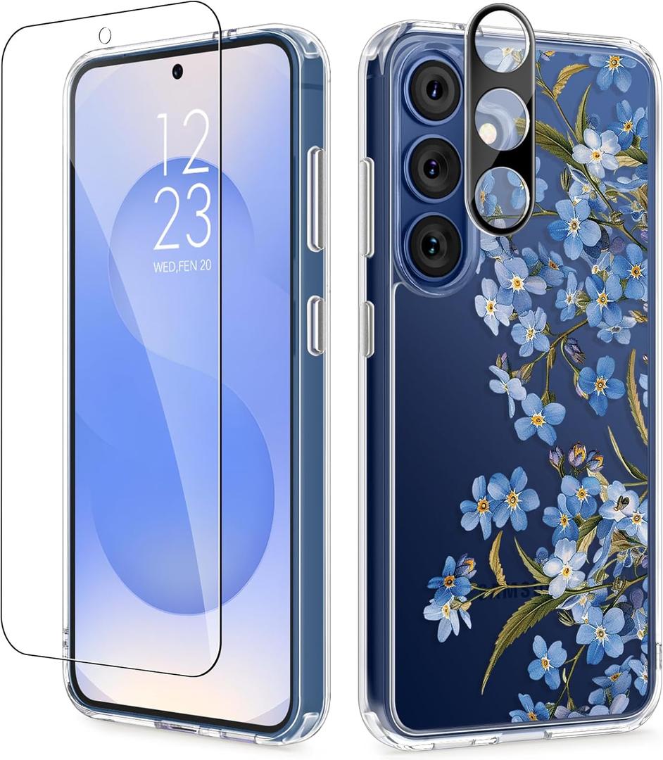 GVIEWIN for Samsung Galaxy S25 Plus Case with Screen Protector & Camera Lens Protector, [Non Yellowing] Clear Floral Hard Shockproof Bumper Women Phone Case for S25 Plus 6.7" (Aconite/Blue) (For S25 Plus without Magnetic)