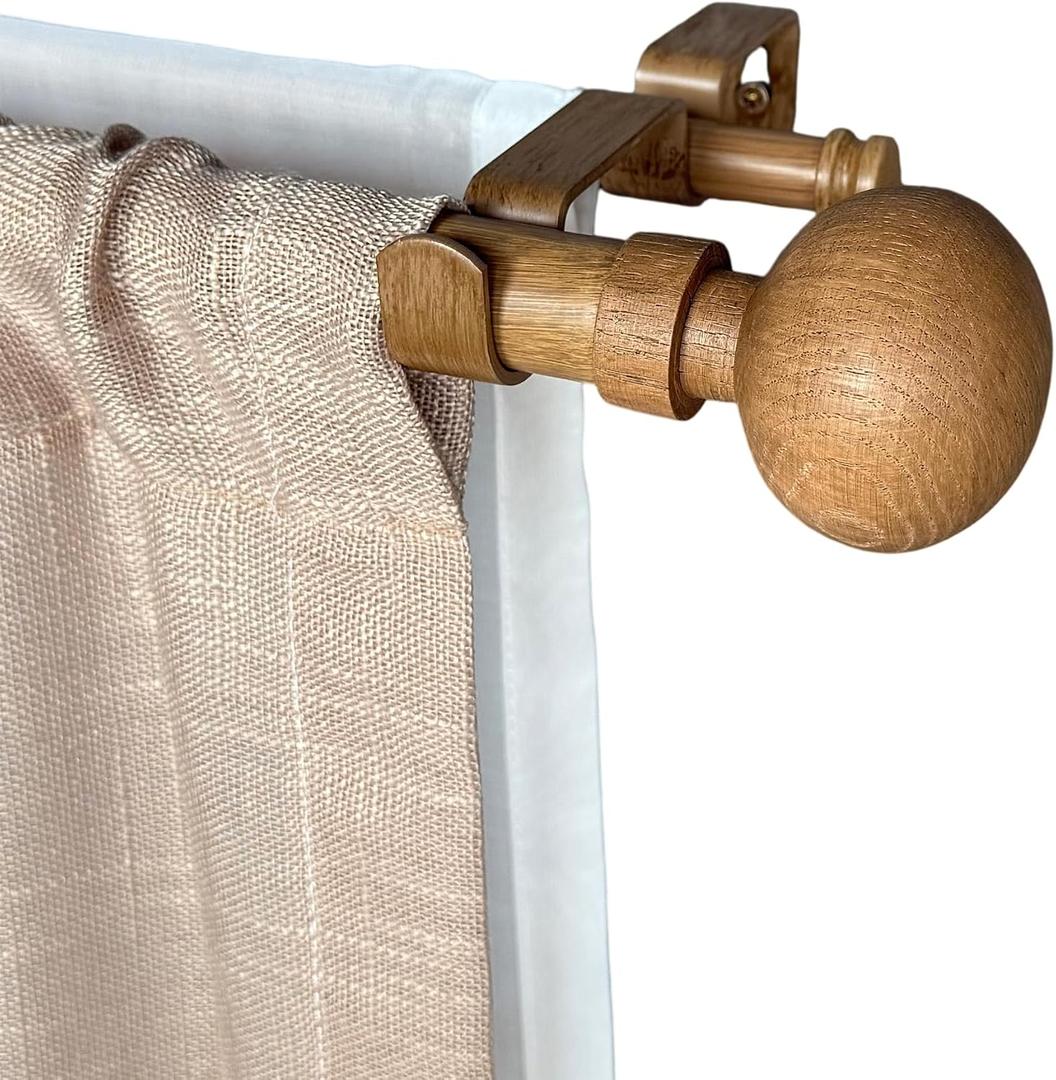Adjustable 72-144 Inch Faux Wood Double Curtain Rods for 68-140 Inches Large Windows, 1 Inch Diameter Heavy Duty Drapery Rod with Wood Grain Round Finials, Decorative Window Curtain Rod for Cafe