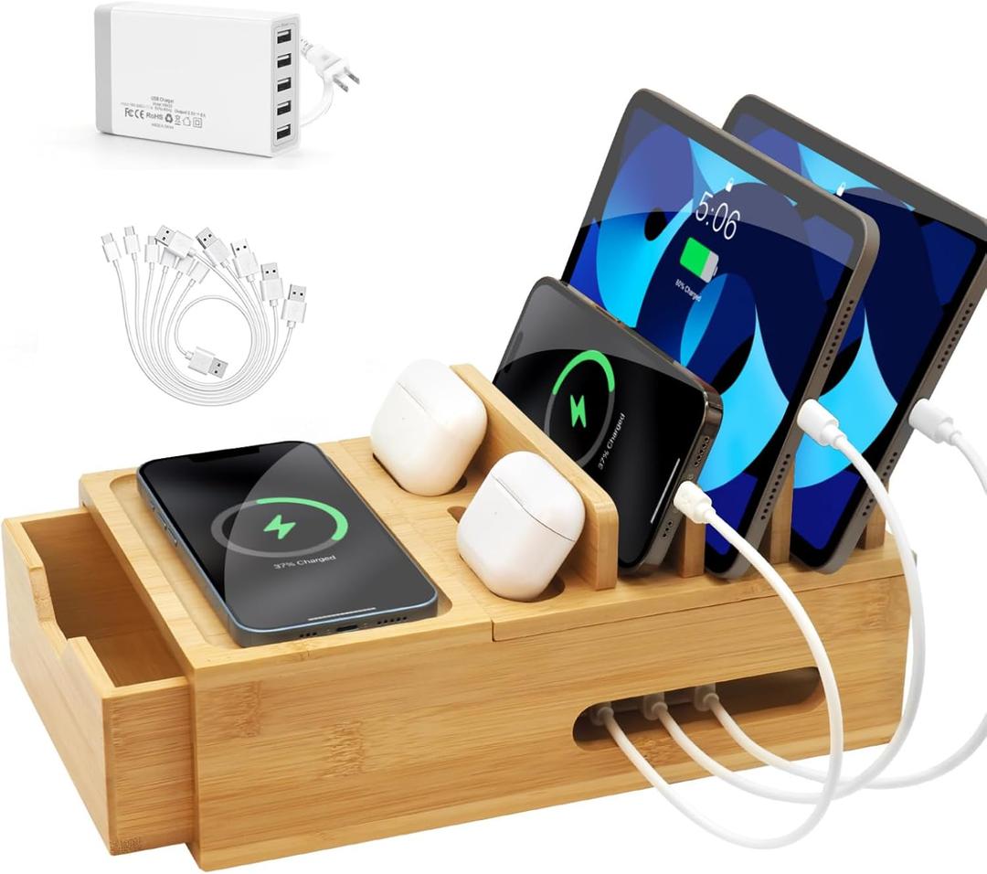 Bamboo Charging Station for Multiple Devices, Desk Charging Organizer with Drawer & Tray, Wood Docking Station for Multi Devices, Cell Phone, Tablet (Included 6 Cables, 5 Port USB Charger)