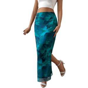 Women's Floral Midi Fall Skirt Mesh Slit Split Long Maxi Skirts Women Outfit (Green, XL)