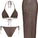 ZAFUL Womens 3pcs Swimsuit Floral Halter Triangle Bikini Top Tie Side Bottom with Long Sheer Cover Up Skirt (Brown, L)