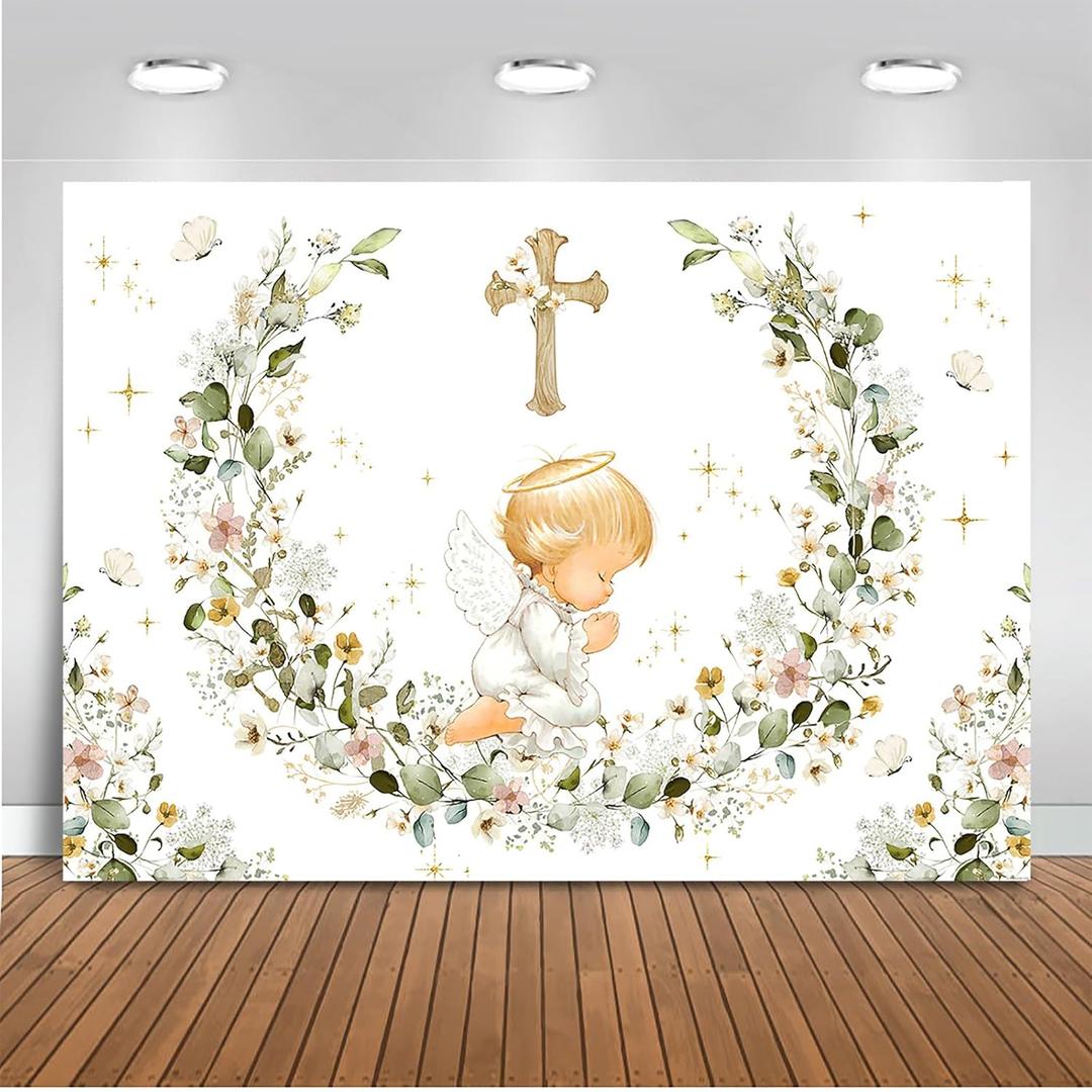 Mocsicka Baptism Backdrop Mi Bautizo God Bless Baby Shower Decorations Cross Angel God Bless Floral Photography Background Christening Newborn Baby Shower Props (6x4ft)