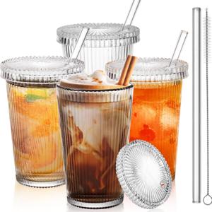 4 Pack Glass Cups with Lids and Straws, 12 oz Ribbed Iced Coffee Tumbler, Clear Stripe Drinking Glassware with Cleaning Brush for Water Cocktails Tea Soda Juice Smoothie Whiskey Beer