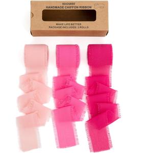 KEOSREE Hot Pink Pastel Pink Handmade Chiffon Ribbon,1.5" x 21Yd Frayed Silk Ribbons for Wreaths Bridal Flower Bouquet Christmas Gift Wrapping Wedding Decor Invitations Decorations (7Yards X 3 Rolls)